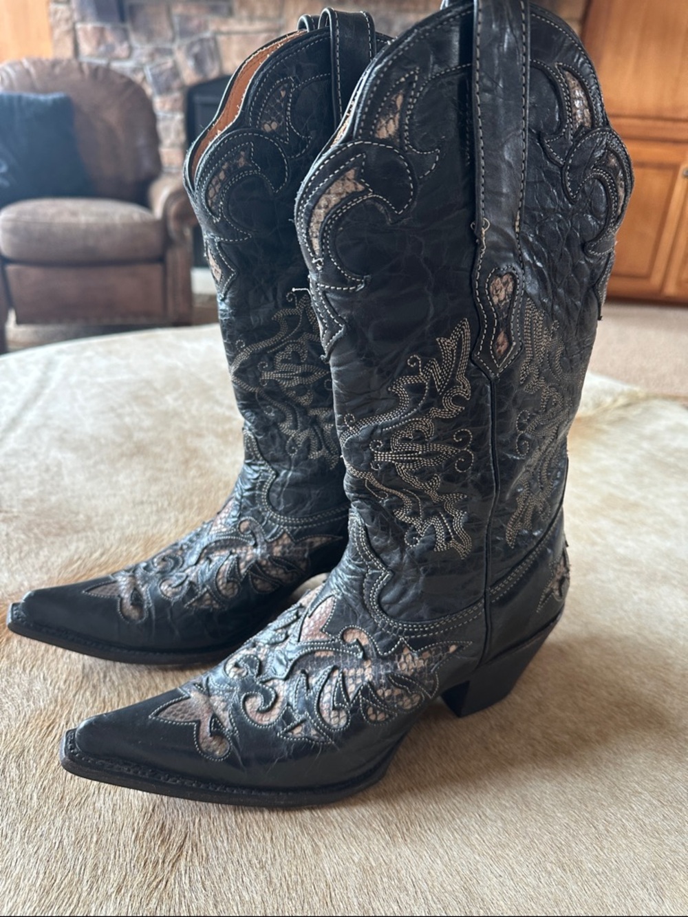 Stetson Black and Original Phyton Skin Embroidered Leather Western Boots
